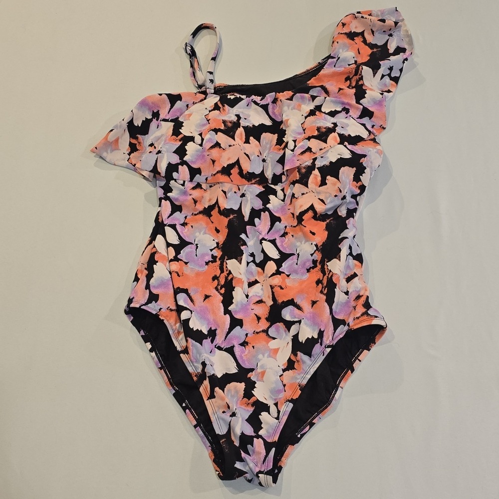 Time and Tru Women's One Shoulder One Piece Swimsuit Size L Multicolor Bathing S